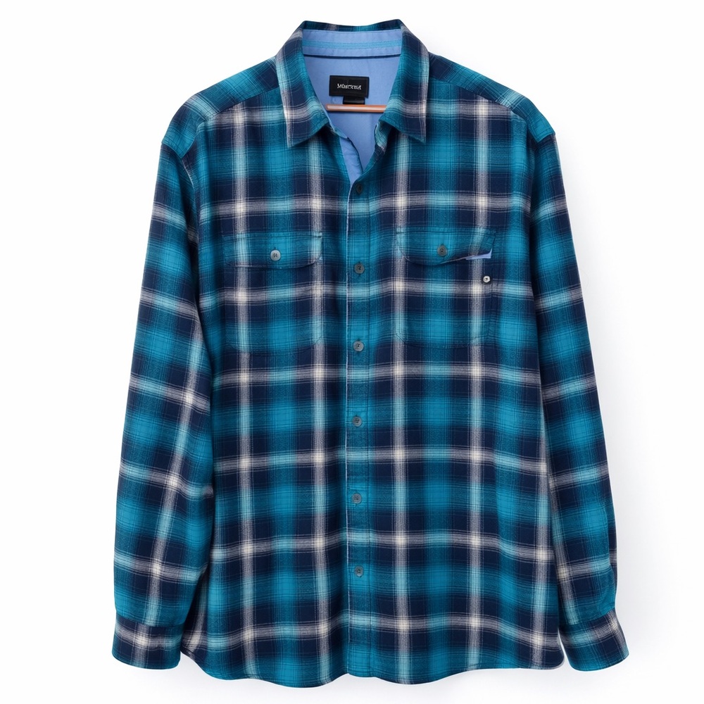 💙 Marmot Men’s XXL Plaid Flannel Shirt – Blue & Navy Outdoor Button-Up